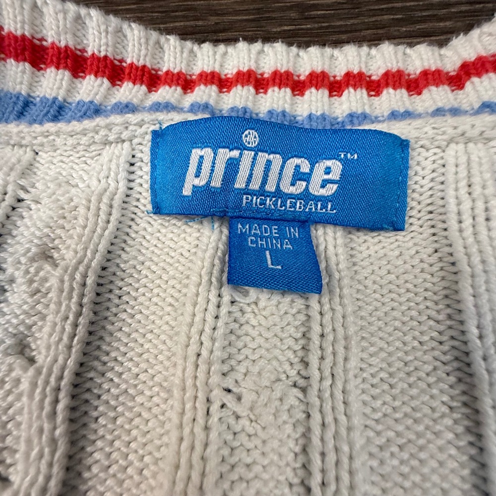 Prince Pickleball Cable Knit Cardigan Sweater Red Blue Trim Women's Size L VNeck - Picture 9 of 15
